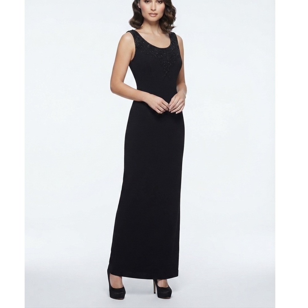 Jovani Vintage Beaded Neckline Sleeveless Evening Gown Maxi Dress Black